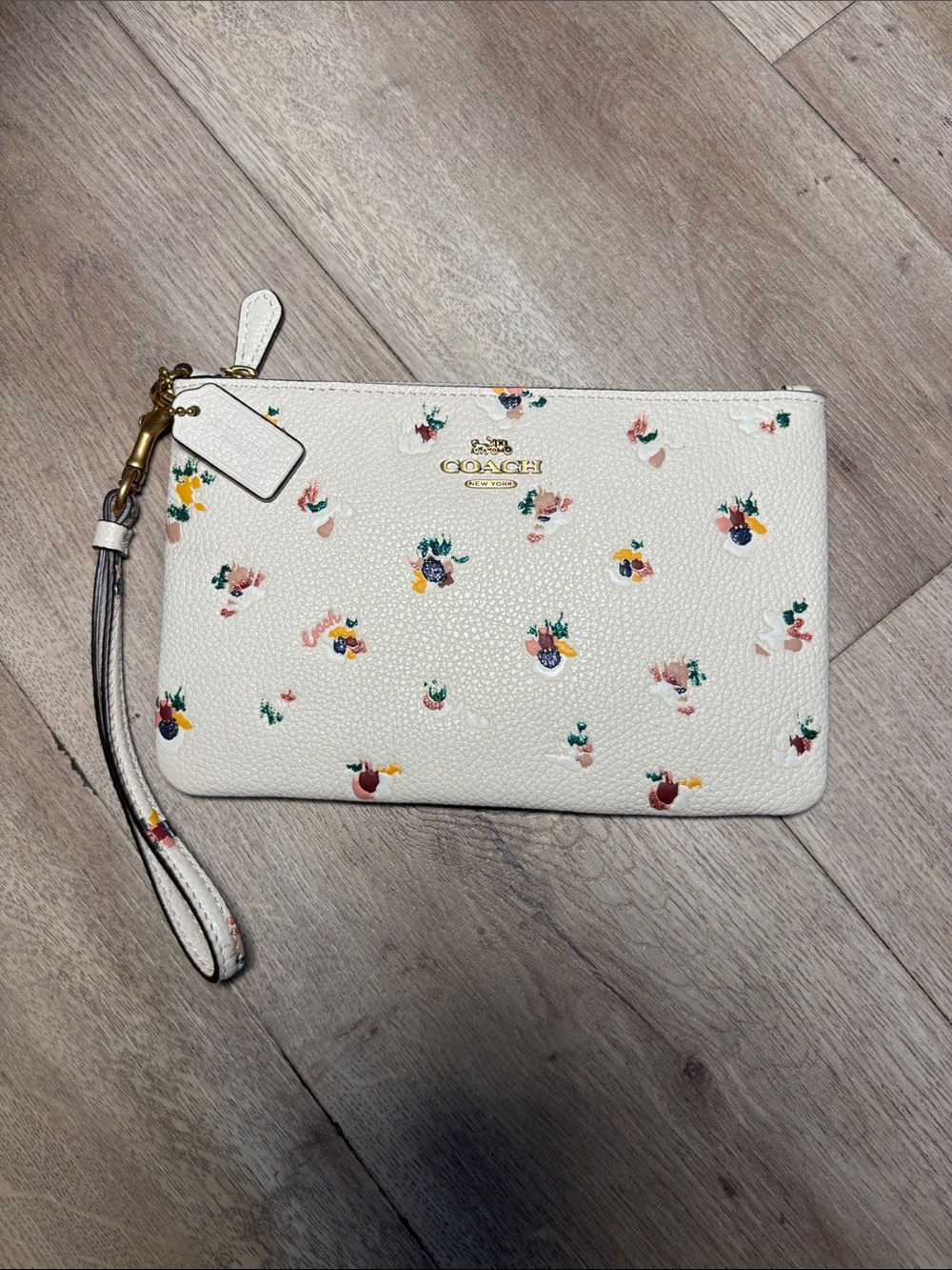 Coach Cream Floral Wristlet Pouch with Gold Logo